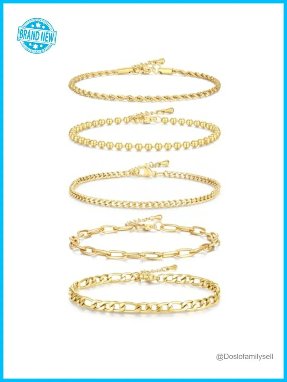 14K Gold Plated Waterproof Stackable Bracelet Set - 5 Pack Adjustable Link